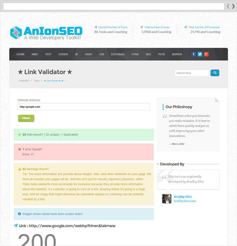 AnIonSEO Link Validator Page